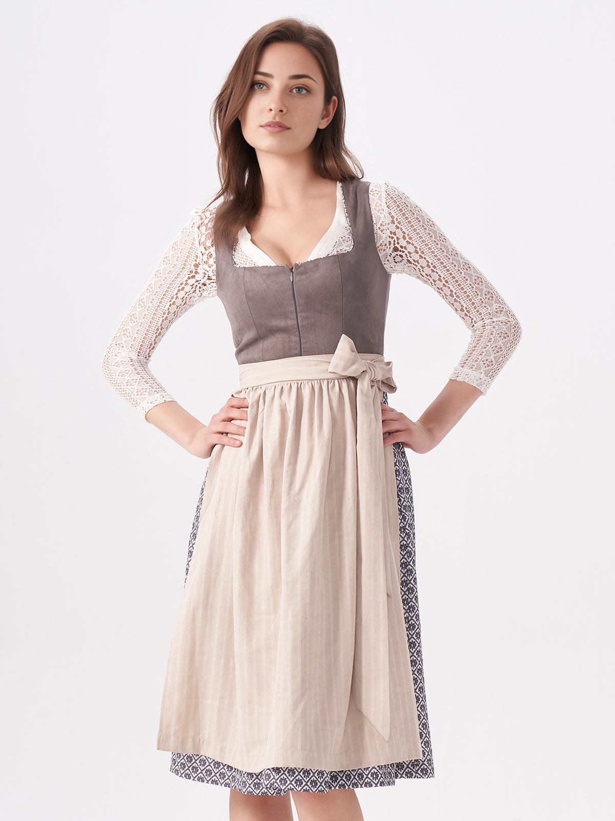 Dirndl midi rot in grau-elegantem Design
